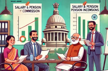 DALL·E 2025-02-14 12.56.24 - An illustration of a government office setting, showing employees and pensioners happily discussing salary and pension increments due to the implement