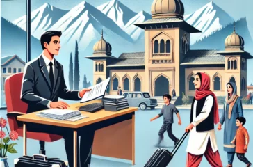 DALL·E 2025-02-28 19.56.12 - A professional news-style illustration depicting a government employee working in an office in Kashmir Valley. The background shows scenic mountains a