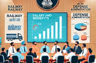 DALL·E 2025-02-28 20.19.07 - An illustration of Indian government employees in an office setting, discussing salary and benefits. The atmosphere is optimistic, with a presentation