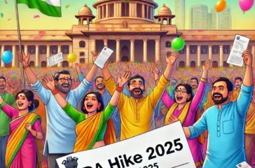 DALL·E 2025-02-28 20.32.35 - A celebratory image of Indian government employees joyfully receiving news of a Dearness Allowance (DA) hike before Holi 2025. The scene includes a fe