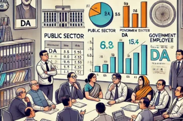 DALL·E 2025-02-28 22.44.06 - An illustration depicting central government employees discussing inflation allowance (DA) calculation. The scene includes office workers in formal at