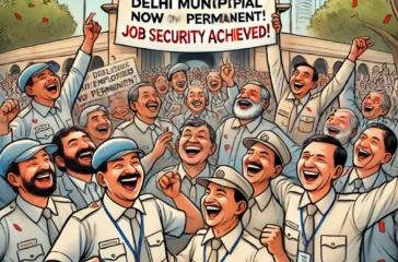 DALL·E 2025-02-28 23.05.23 - A joyful scene depicting Delhi municipal workers celebrating a historic decision. A group of workers, dressed in uniforms, are seen smiling and cheeri