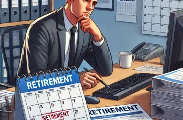 DALL·E 2025-03-01 20.23.59 - A realistic news-style illustration showing a government employee sitting at his desk, thinking about retirement. He has a calendar marked with 'Retir