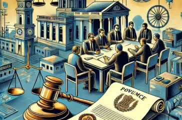 DALL·E 2025-03-01 20.55.54 - An artistic digital illustration representing Jharkhand government policies. The image features a government office with officials discussing policies