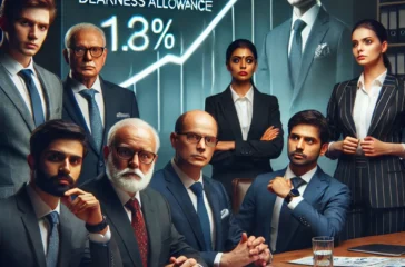 DALL·E 2025-03-07 21.25.07 - A group of central government employees in formal attire looking concerned while discussing salary and inflation. A digital display in the background