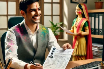 DALL·E 2025-03-10 22.12.55 - A happy Indian government employee receiving a salary slip with an increased Dearness Allowance (DA) percentage. The employee is smiling, dressed in f